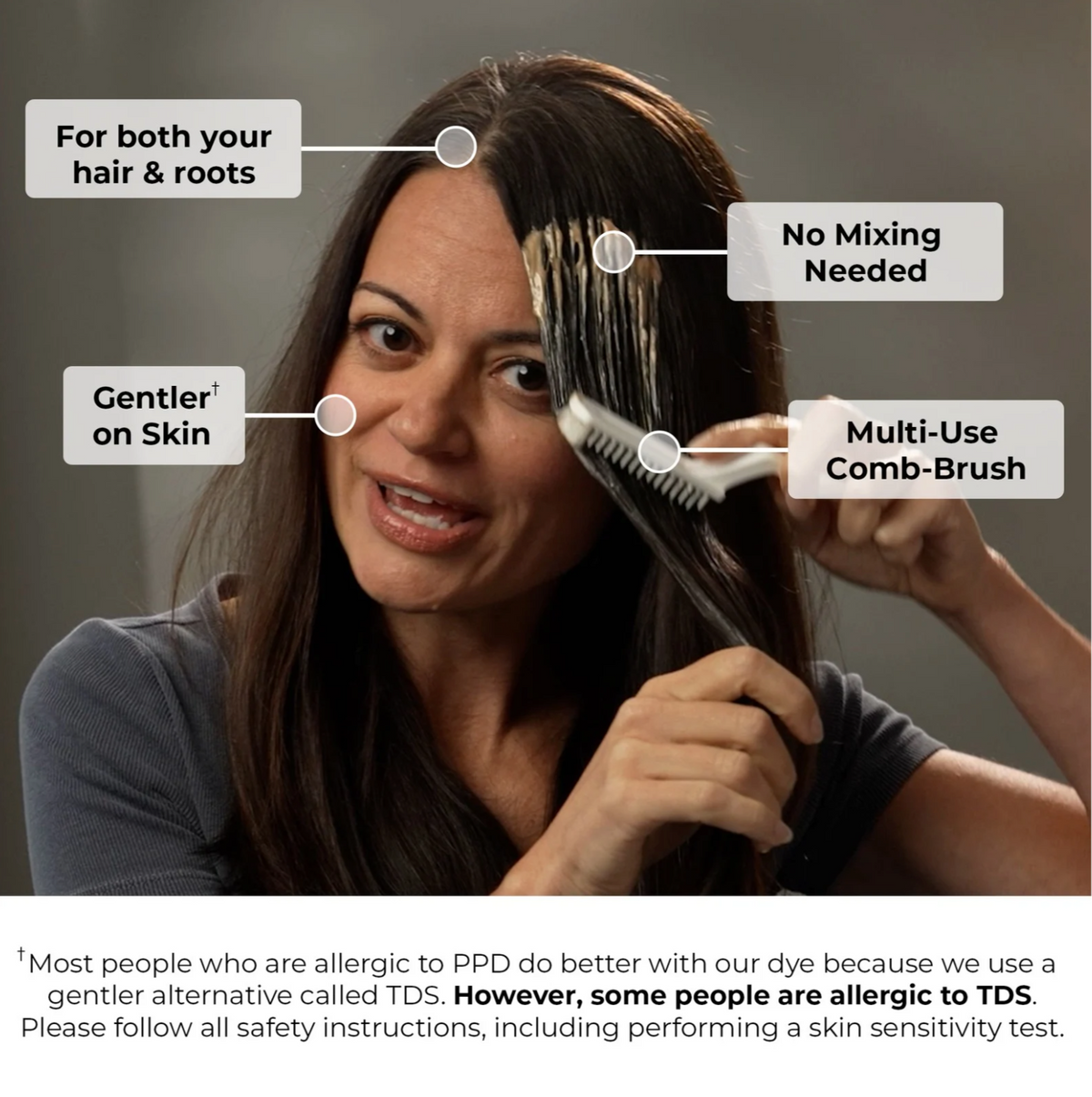 Woman brushing her hair with Simpler Hair Color Women's Full Coverage Color Box V1, showcasing easy application and vibrant color.