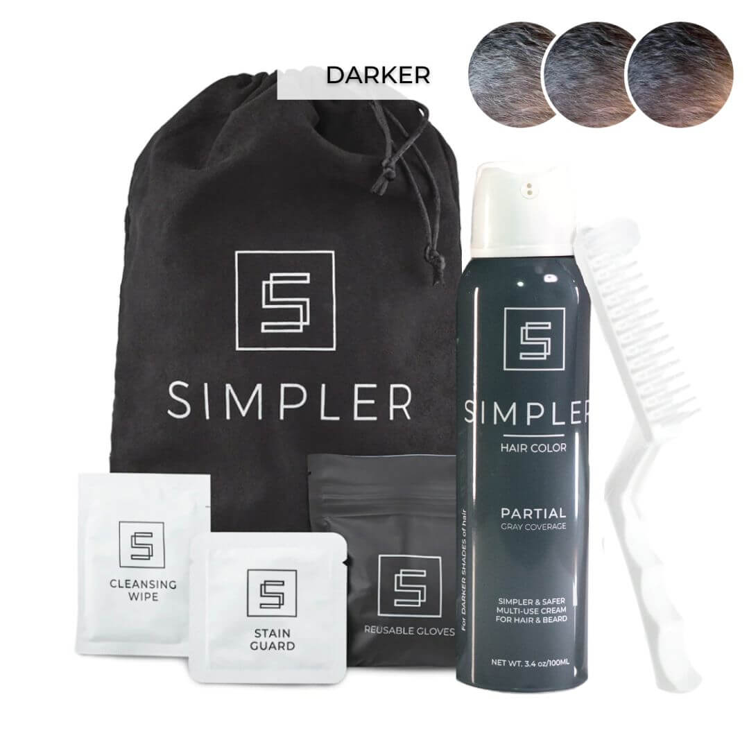Darker shade of Simpler Hair Color partial coverage color box with swatches showing different hair color options.