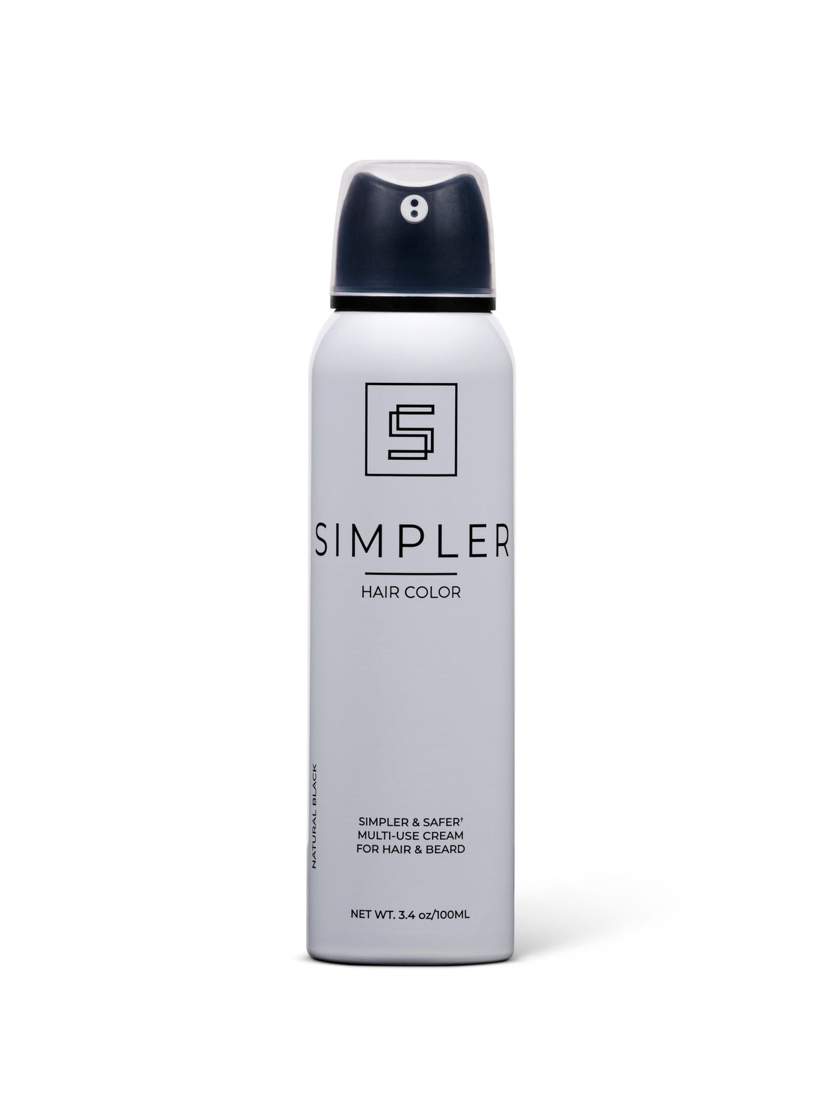 Full coverage women's hair color spray in a can, by SIMPLER HAIR COLOR, shown in a sleek, portable container.