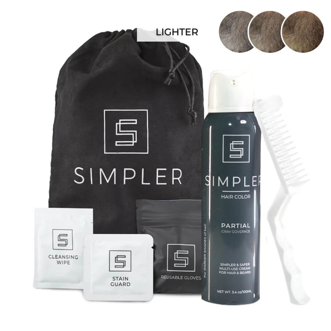 Simpler Hair Color partial coverage color box with swatches, showcasing lighter shades and color options in the image.