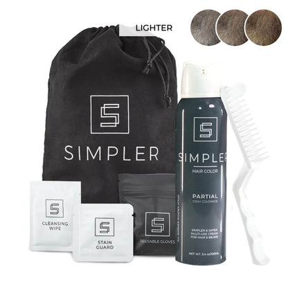 Simpler Hair Color partial coverage color box with swatches, showcasing lighter shades and color options in the image.