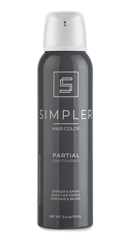 Partial coverage hair color can from SIMPLER HAIR COLOR, designed for natural-looking results and easy application.