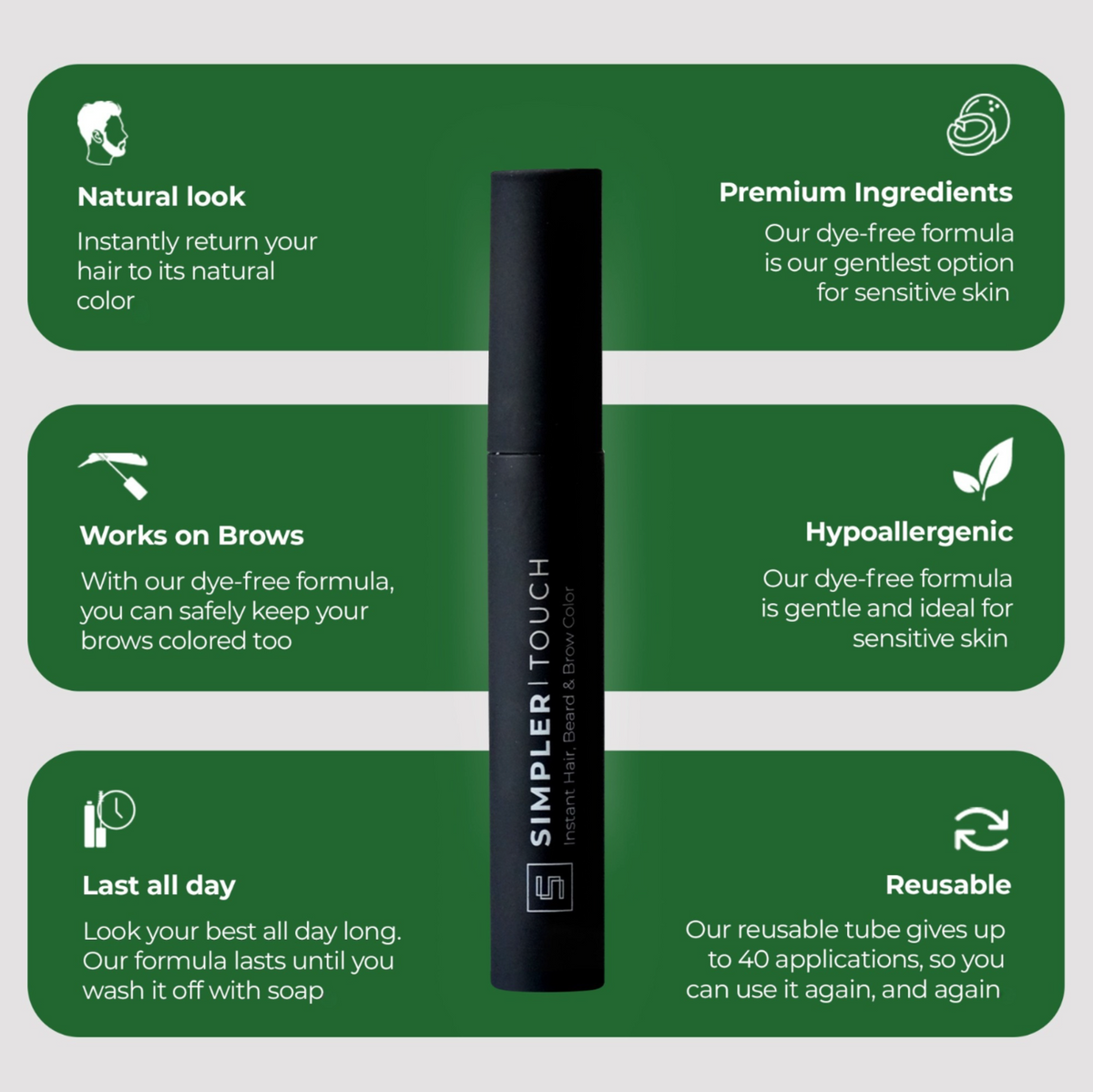 Simper Touch instant hair, beard, and brow color in a sleek bottle from SIMPLER HAIR COLOR, ready for easy application.