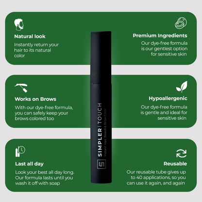 Simper Touch instant hair, beard, and brow color in a sleek bottle from SIMPLER HAIR COLOR, ready for easy application.