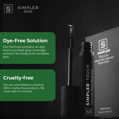 Simper Touch instant hair, beard, and brow color applicator with a sleek design, showcasing its easy-to-use pen for quick hair touch-ups.