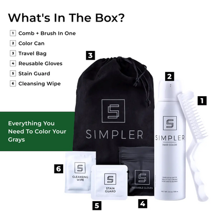 Box of Simpler Hair Color Women's Full Coverage Color Box V1 showing hair dye kit and application tools inside.