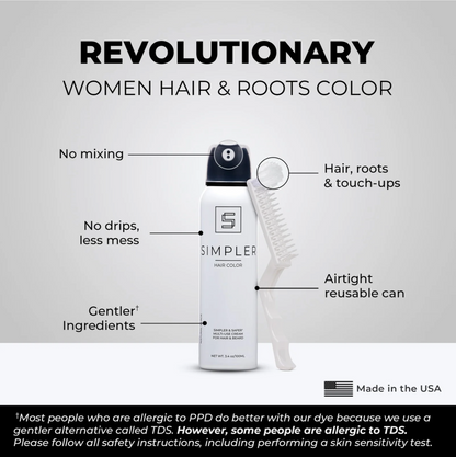 Women’s full coverage color box by Simpler Hair Color showcasing the product packaging and vibrant hair color options.
