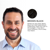 Full coverage of Simpler Hair Color in a brown-black shade, shown in a color box.
