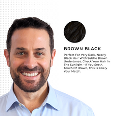 Full coverage of Simpler Hair Color in a brown-black shade, shown in a color box.