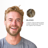 Blonde woman with full coverage hair color using Simpler Hair Color box, showcasing vibrant and even blonde hair.