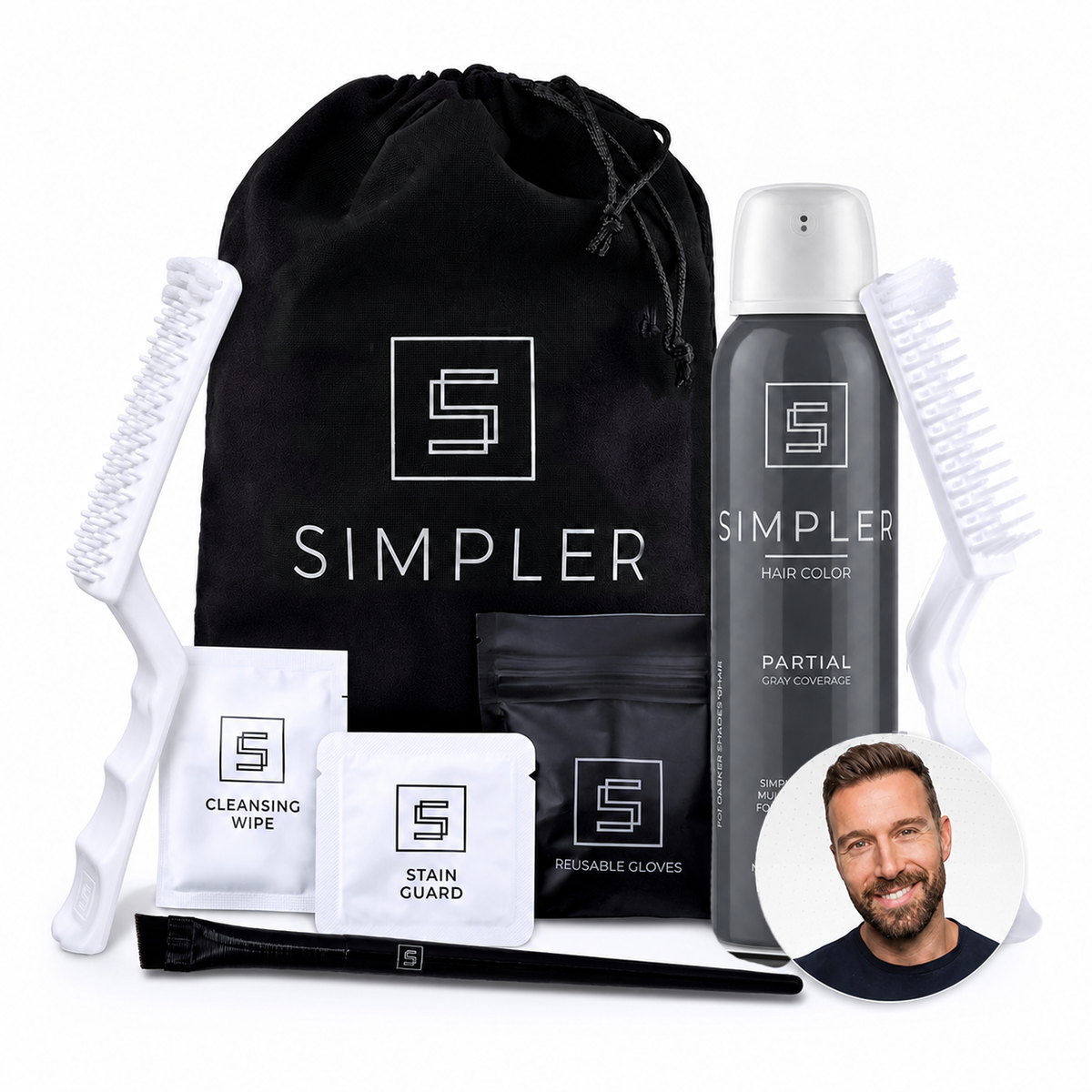 Simpler Hair Color partial coverage brush kit with color box and application brush for men's hair coloring.