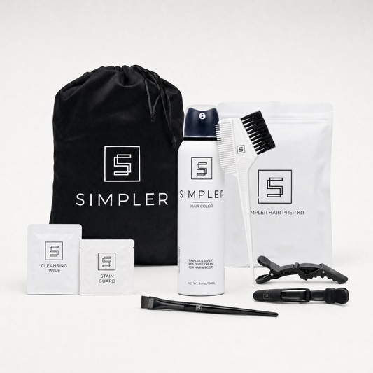 Women’s full coverage hair color box and brush kit from Simpler Hair Color, featuring a box with hair dye and application tools.