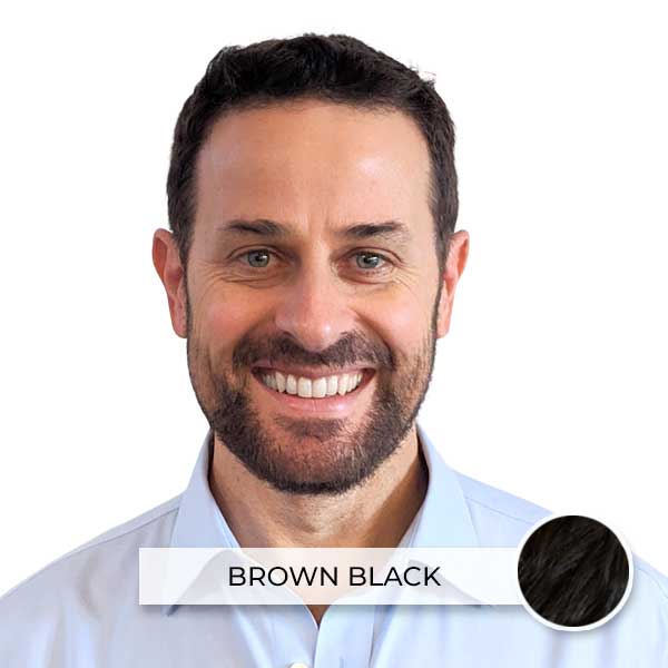 Full coverage of Simpler Hair Color in a brown-black shade, shown in a color box.
