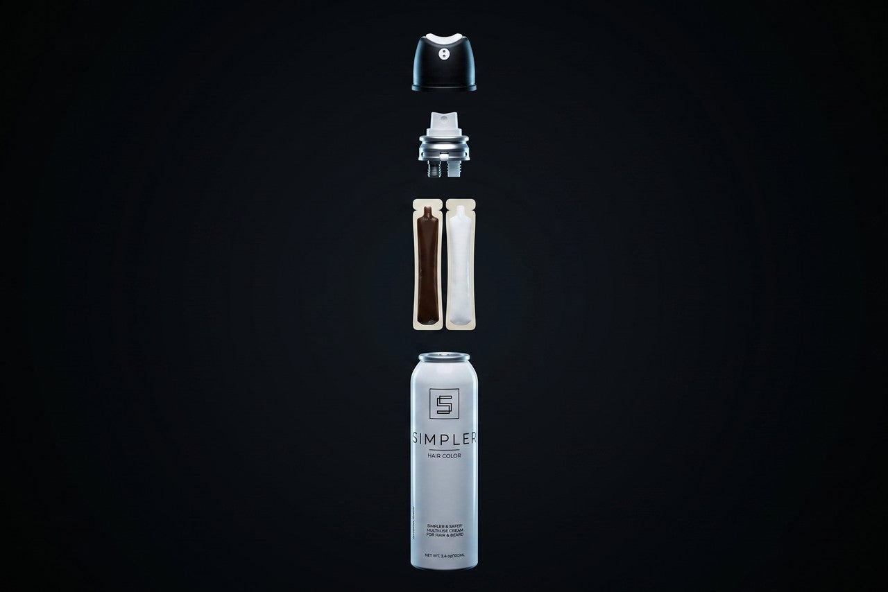 Exploded illustration of the SIMPLER can, showing the dispenser, internal compartments and outer can.
